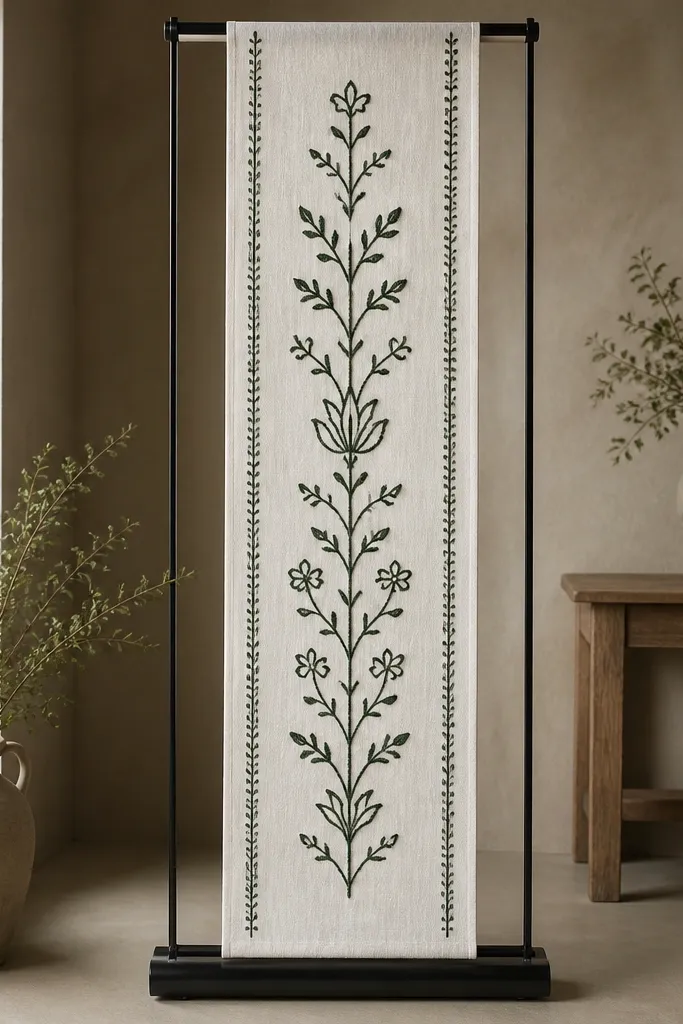 A narrow embroidered linen runner hangs vertically from a roll-out stand similar to a retractable banner. The runner is off-white with dark green embroidered lettering.