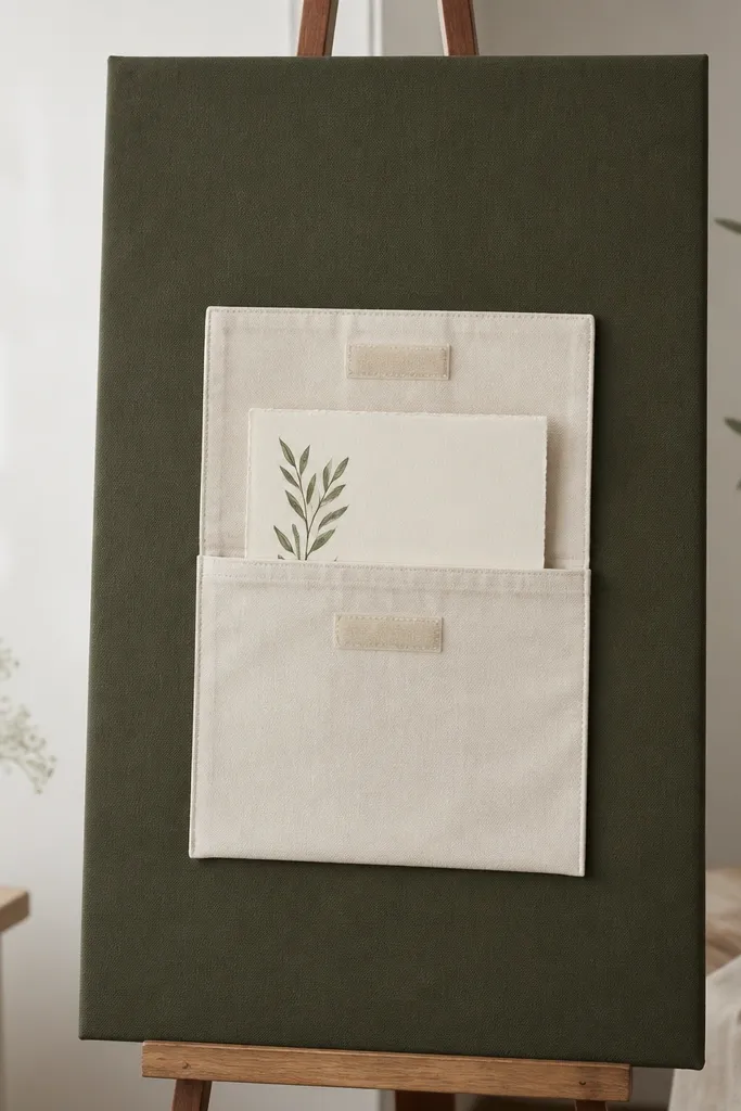 A deep olive twill fabric panel is mounted on an easel. A rectangular cream pocket sits in the center with a Velcro flap, and a removable card shows the welcome text in black.