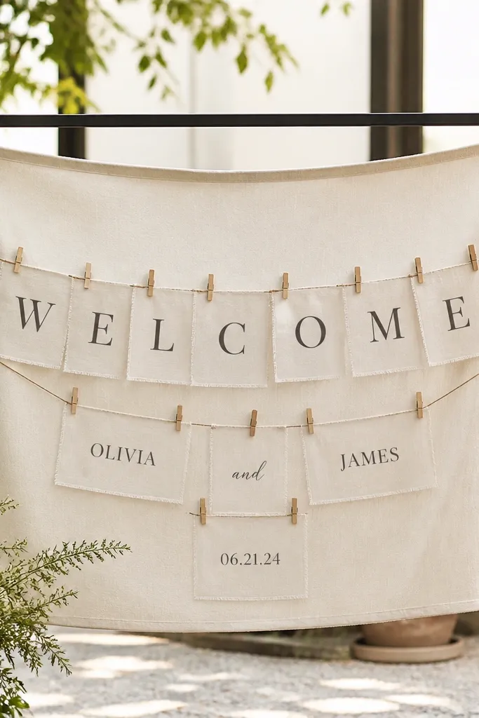 A cream fabric banner stretches across a simple metal frame. Multiple mini fabric cards hang from clothespins, with one card reading "WELCOME" and smaller cards showing couple names and date.