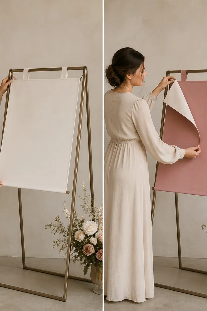 A reversible fabric sign panel is mounted on an easel frame. One side is light ivory with dark lettering, and the other side is dusty rose with white lettering, shown by flipping the panel.