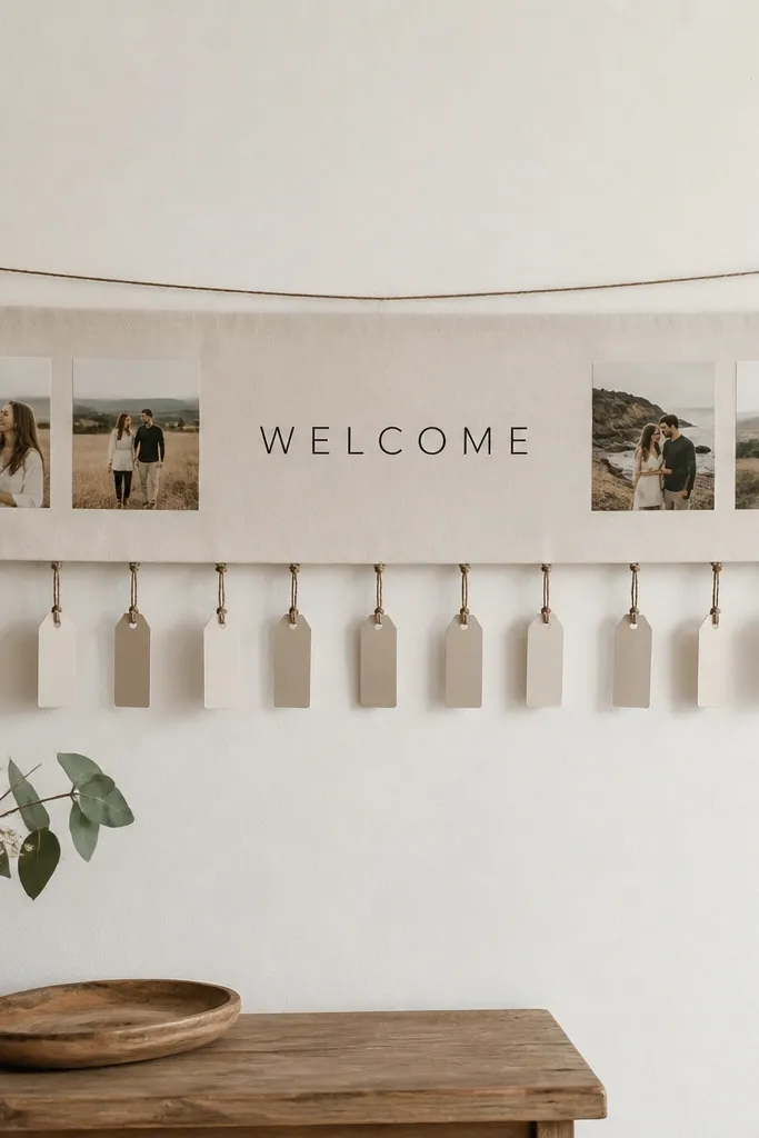 A long fabric strip like a modern banner shows a few small printed photos of the couple. "WELCOME" appears centered in a clean sans-serif font, with name tags hanging from twine on the bottom edge.