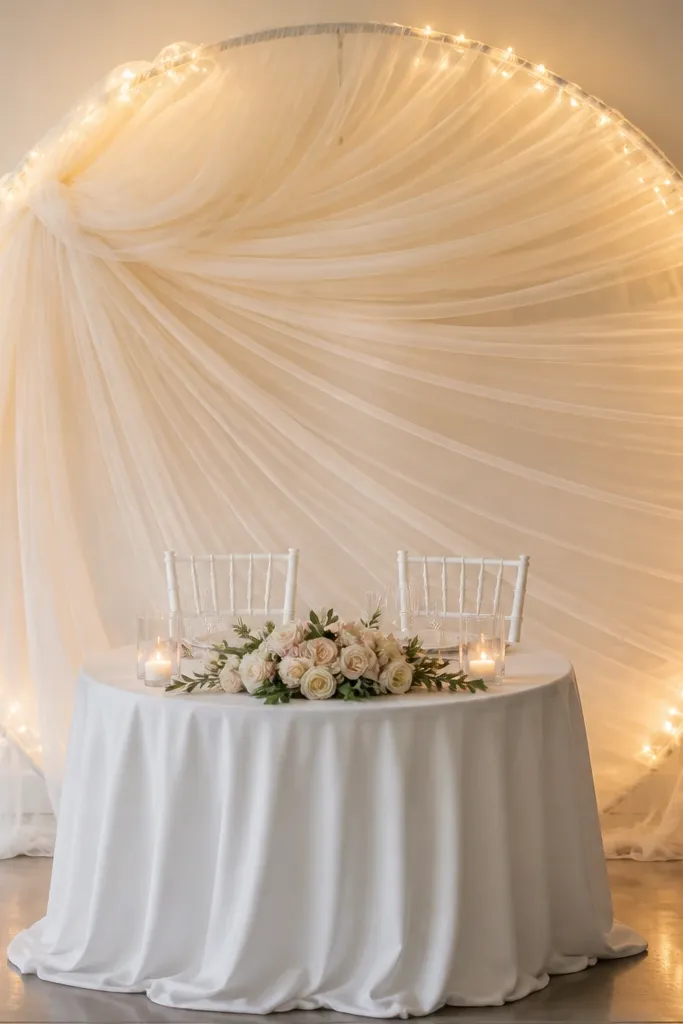 A round sweetheart table with a white tablecloth and two white chairs. Behind it, a circular metal frame is wrapped in airy cream tulle gathered like a cloud, with soft folds radiating outward. Warm white string lights are hidden along the frame edge.