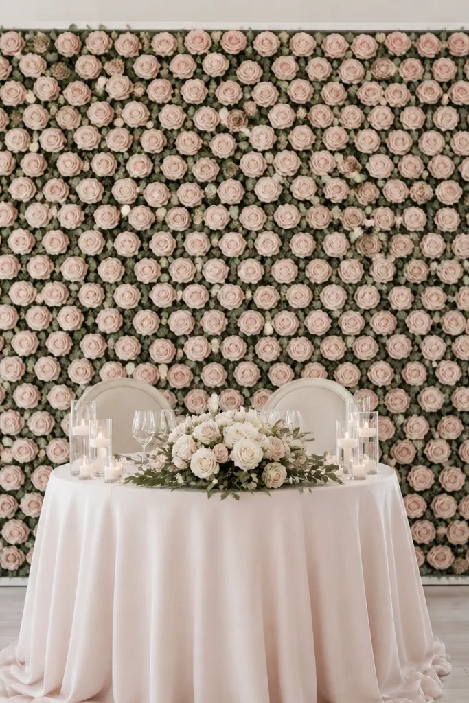 A backdrop wall behind a round sweetheart table made from blush faux roses arranged in a tight grid with soft sage greenery peeking between. The wall sits on a thin white frame and has a clean, modern edge.