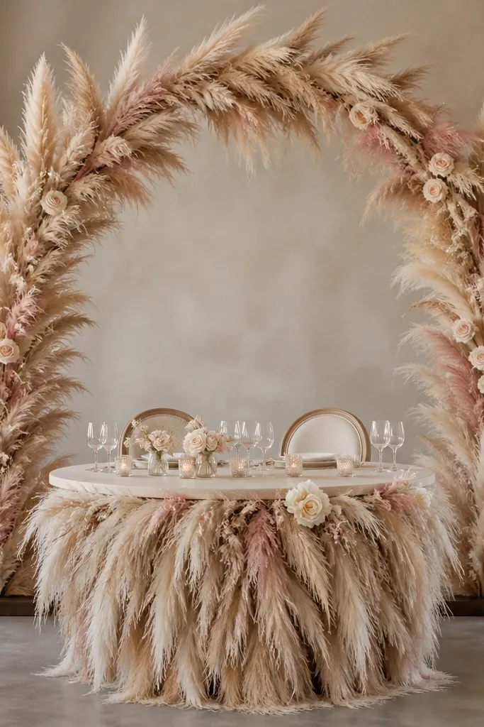 A tall arch behind a round sweetheart table made from dried pampas plumes in beige and blush. Small blush and cream flowers are tucked among the plumes, and the arch sits on a dark wood base.