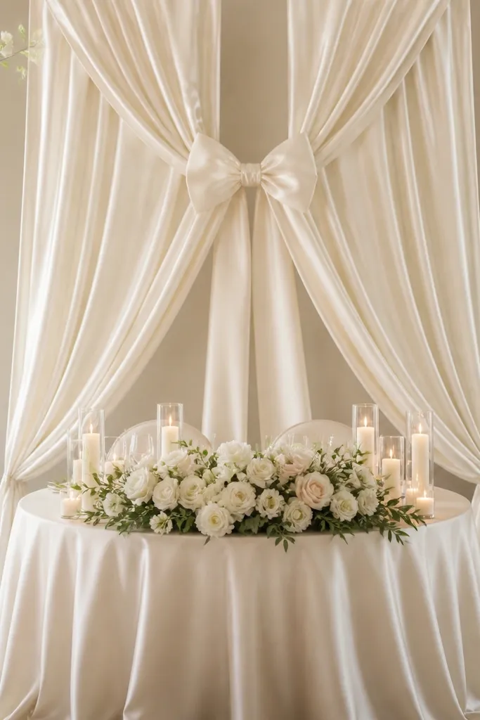Behind a round sweetheart table, ivory satin fabric drapes in two tall vertical panels. A large bow sits at the center top, and the fabric gathers into soft folds down to the table height.