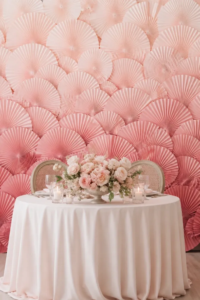 A backdrop wall made of layered paper fans. The fans fade from pale blush at the top to slightly deeper blush at the bottom, creating an ombré effect behind a round sweetheart table.