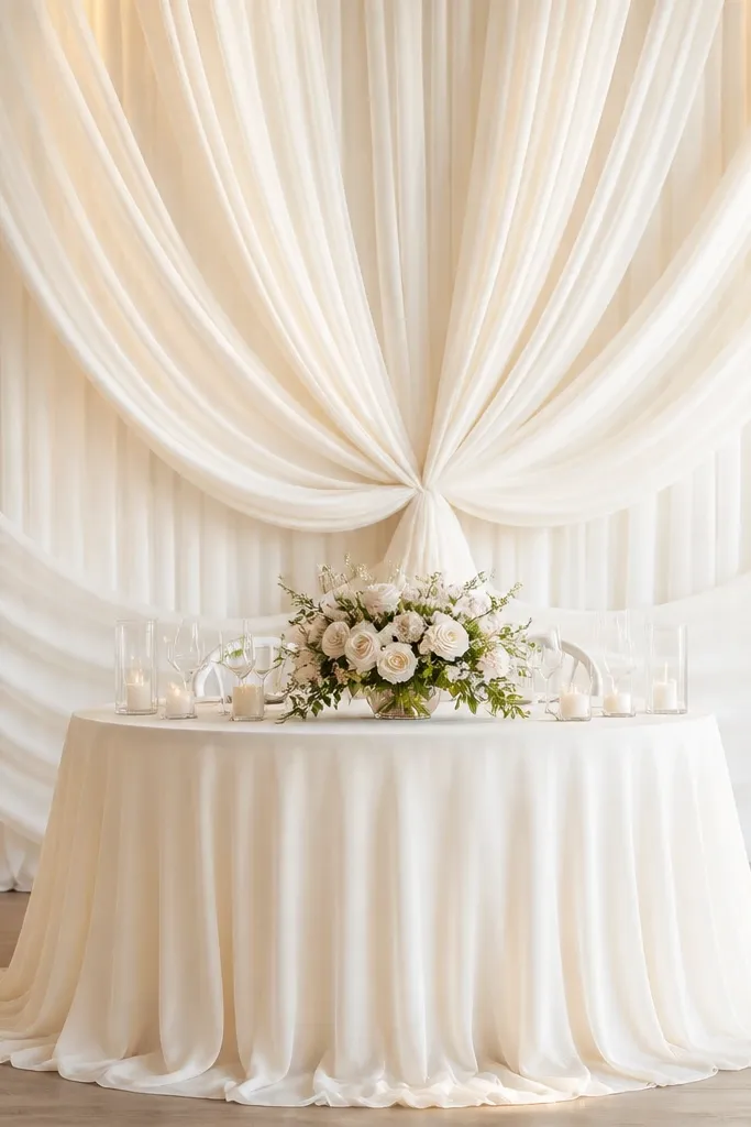 A floor-to-ceiling style curtain backdrop behind a round sweetheart table. Layers of ivory chiffon hang in wave-like folds, gathered at the center and spreading outward.