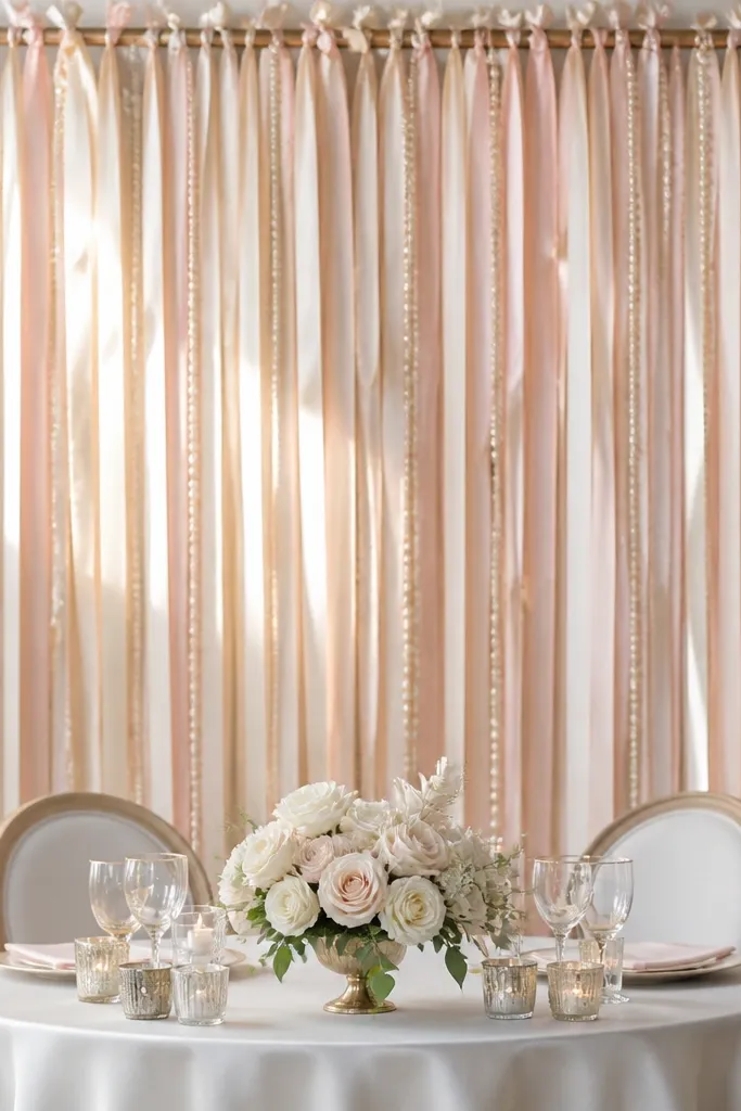 A backdrop of satin ribbon strips in soft ivory and blush cascading from a top rod behind a round sweetheart table. Thin pearl strands hang among the ribbons and catch the light.