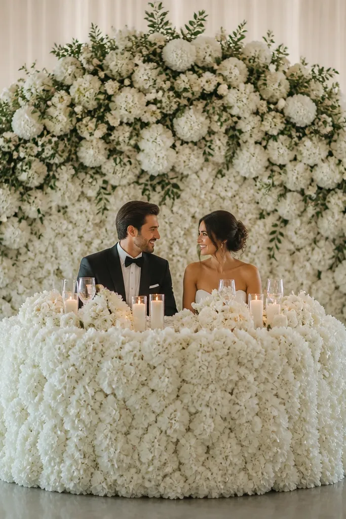 A semi-dome frame behind a round sweetheart table covered in white hydrangea-like foam clusters. The dome shape rises above the couple and tapers at the sides with greenery.