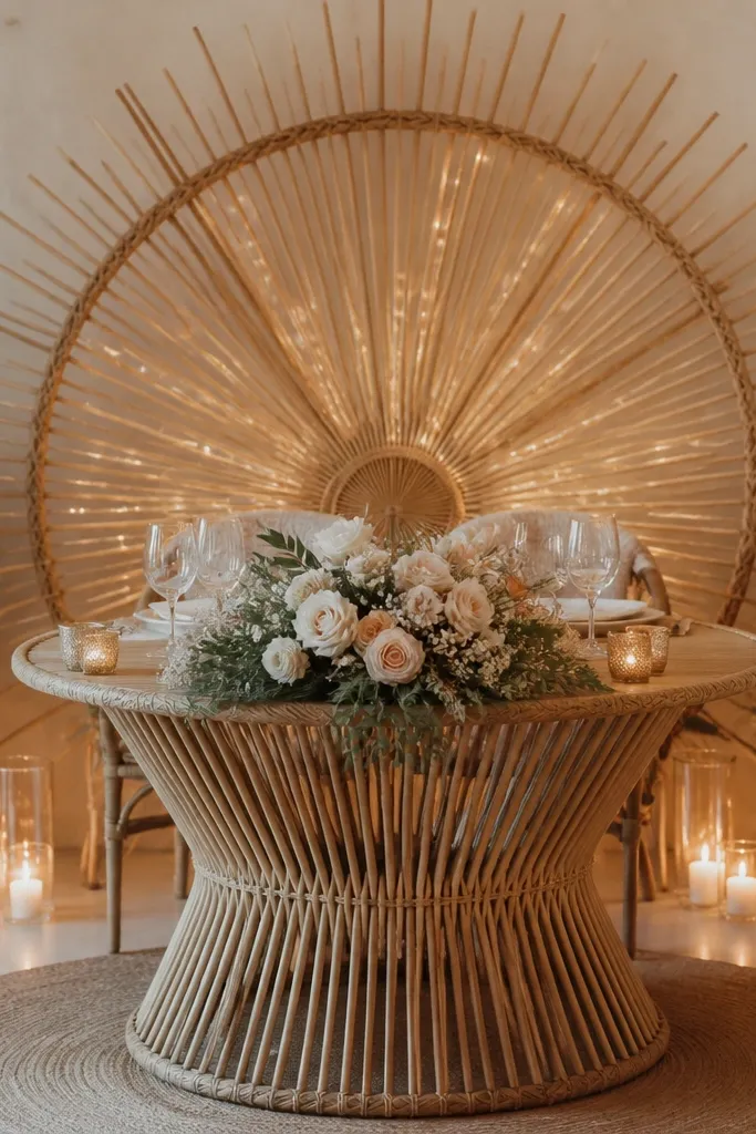 A sunburst backdrop behind a round sweetheart table made from rattan spokes radiating outward. A few warm fairy lights are woven between the spokes, and candlelight flickers near the bottom.