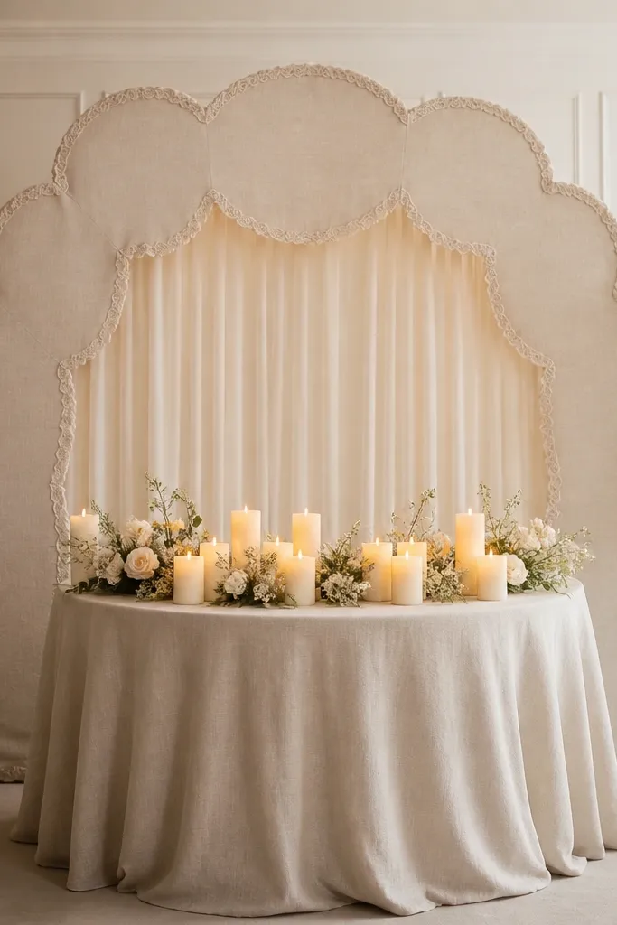 Behind a round sweetheart table, a scalloped frame made from linen with lace trim. The inside has soft ivory drape, and warm LED candles sit on the table in front.