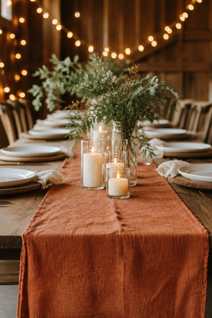 A long dining table dressed with a terracotta linen runner that has slightly uneven, hand-finished edges. Raw-wood chargers sit under white plates, with small clusters of cream candles in clear glass. The background shows warm string lights and a wooden barn wall.