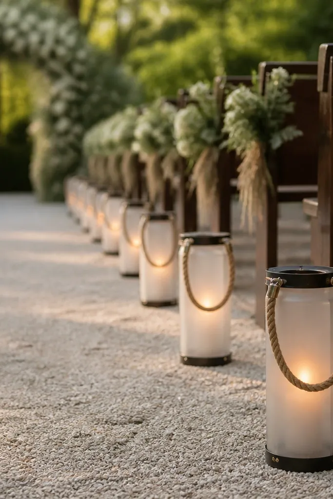 A church or outdoor aisle lined with small lanterns at 3-foot intervals. Each lantern has frosted glass and is tied with thick natural rope around the handle. Warm candles glow inside, and the floor shows light gravel.