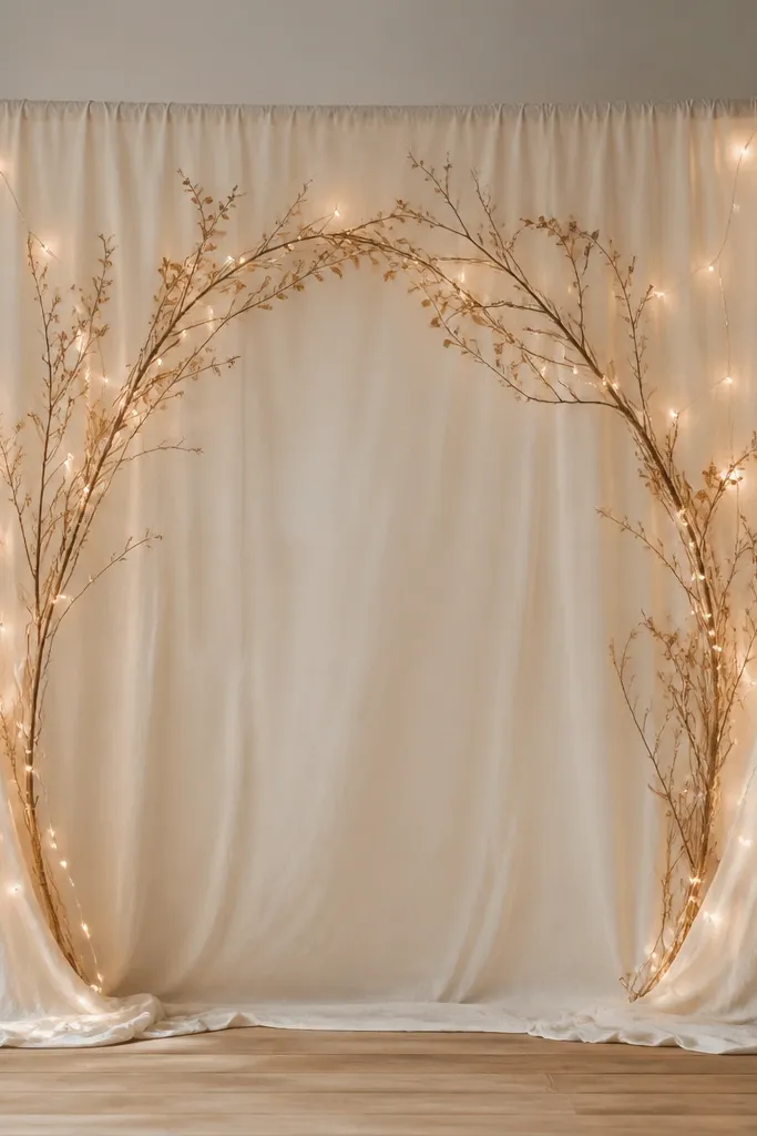 A photo backdrop made from a simple wooden frame covered with matte cream fabric. Thin branches are arranged in an arch shape behind the fabric, with a few small dried leaves. Two warm string light strands add soft glow.