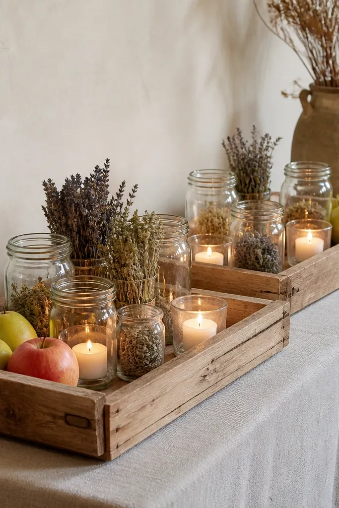 Two raw wood serving trays set on a long buffet table. Each tray holds a mix of clear jars with tea lights and small bunches of dried herbs. A few fresh pears or apples sit in a corner for color.