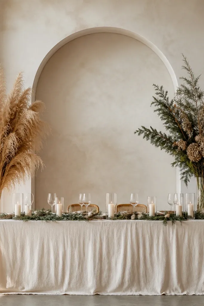 A head table styled with two tall arrangements: one side has pampas-feather bundles in a tall vase, the other side has cedar branches with a few dried blooms. The color palette is cream, tan, and deep green.