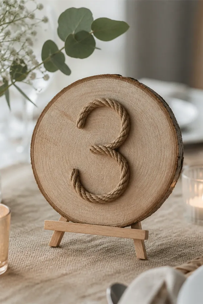 Table numbers displayed on small round wood slices. Numbers are wrapped in jute rope, and the wood slice sits on a small easel or flat base. Nearby are small candles and a neutral table runner.