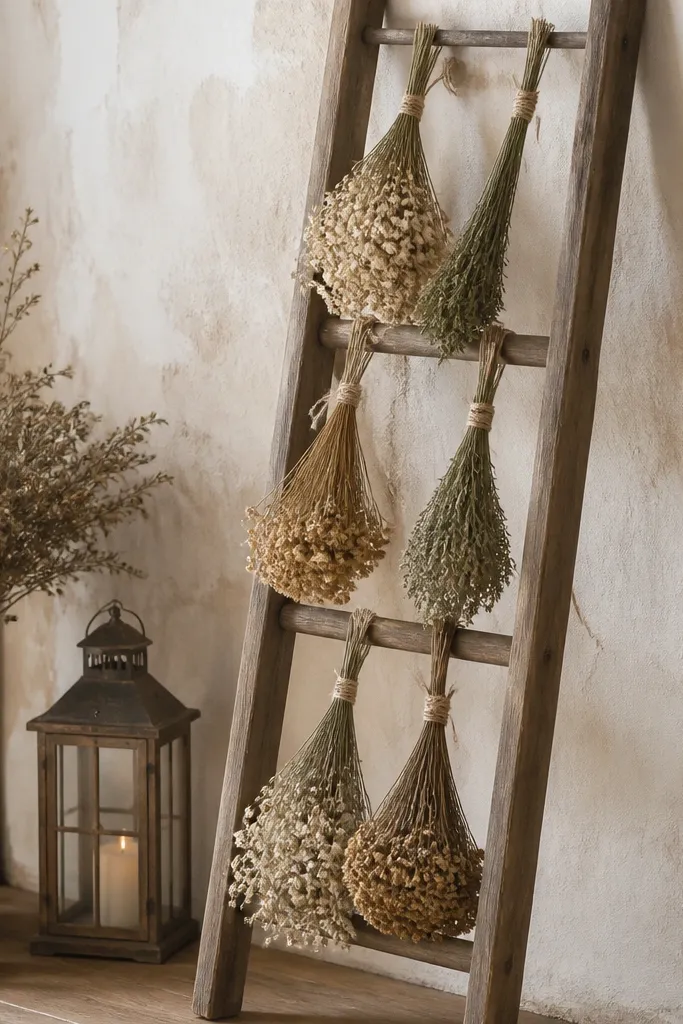 A wooden ladder leaning against a wall. Dried flower bundles hang from the rungs with twine, mixing cream and tan blooms with green stems. A few lanterns sit at the base, and the scene looks warm and rustic.