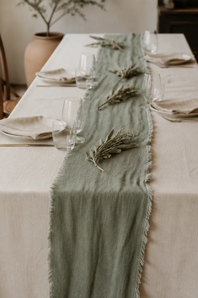 A long table covered in warm cream cloth with a sage green linen runner placed slightly off-center. The runner has uneven, frayed edges and subtle wrinkles, with a few sprigs of dried sage tucked along the length.