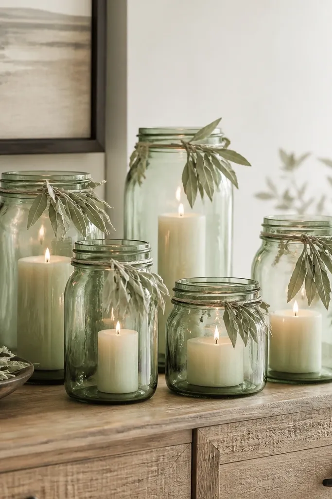 A cluster of mason jars in sage-tinted glass on a wooden sideboard. Several jars hold pillar candles at different heights, with dried sage leaves tucked around the jar rims.