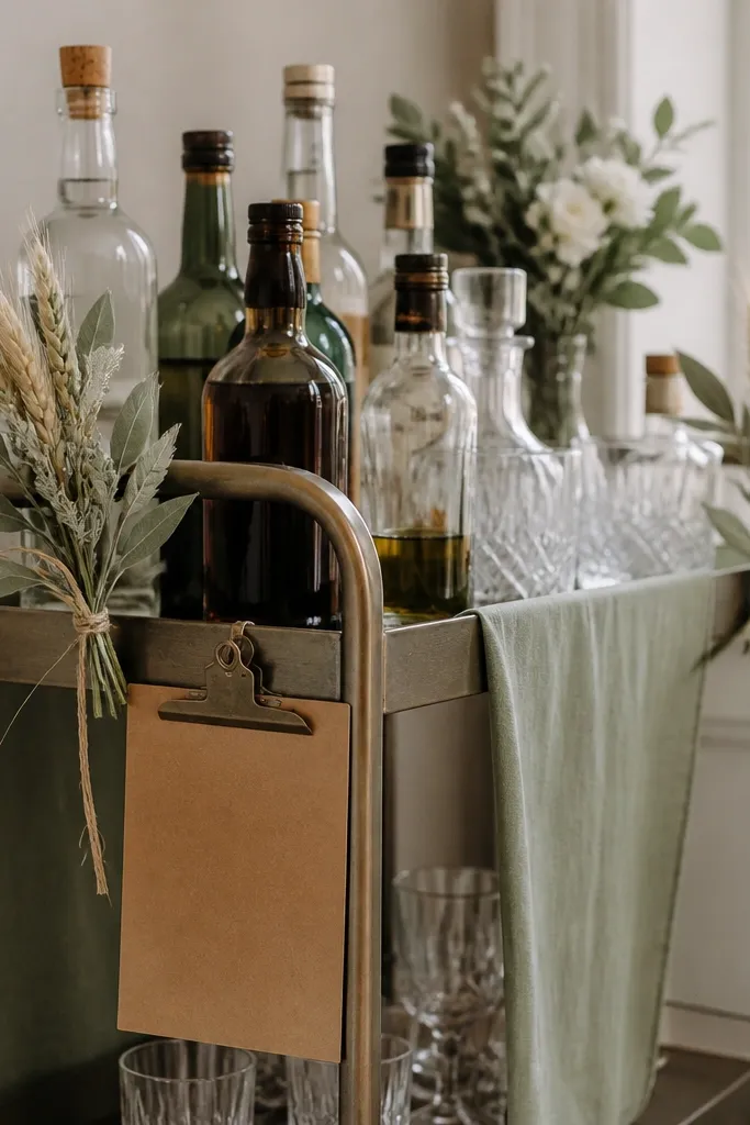 A bar cart dressed with a sage green runner. Bottles sit on top with small sprigs of dried sage and wheat tied around handles, and kraft paper menus hang from a clip board.