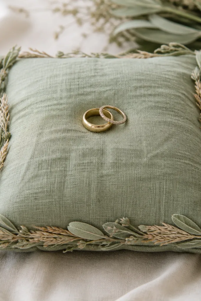 A sage green linen ring pillow with a slightly wrinkled surface. A small trim of dried sage and wheat sits along the edge, and two rings rest centered on top.