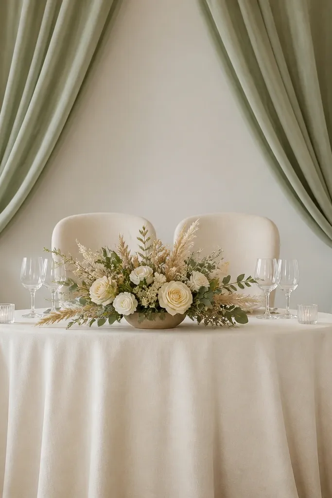 A sweetheart table with a cream tablecloth and sage green drape hanging from the back. The chairs are cream upholstered, and the table has a low floral bowl in sage and wheat tones.