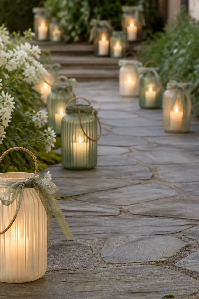 A walkway lined with small lanterns in cream and sage-toned glass. Each lantern holds a warm LED candle, and a short jute-wrapped sage ribbon is tied around the handle.