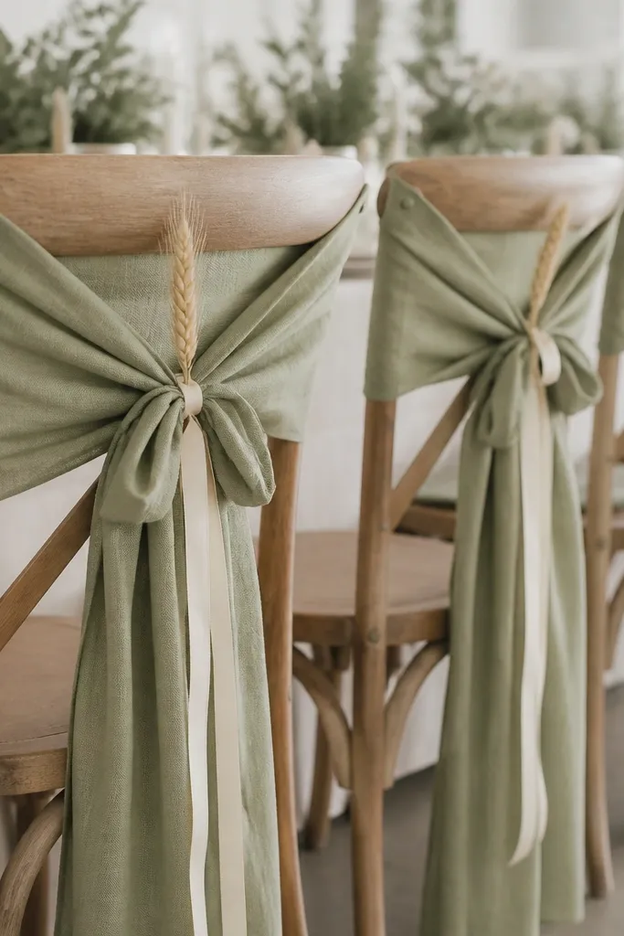 Dining chairs dressed with sage green linen sashes tied into bows at the back. Each bow has a single wheat stem tucked into the center, with cream ribbon tails.