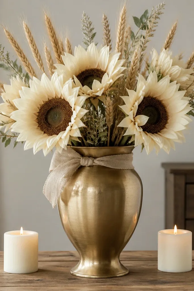 A tall matte-brass urn on a rustic wood table, filled with large cream sunflowers and wheat stems. The urn has a brushed finish, and the arrangement is wrapped at the base with tan linen ribbon. Two small pillar candles in warm white sit on either side of the urn.