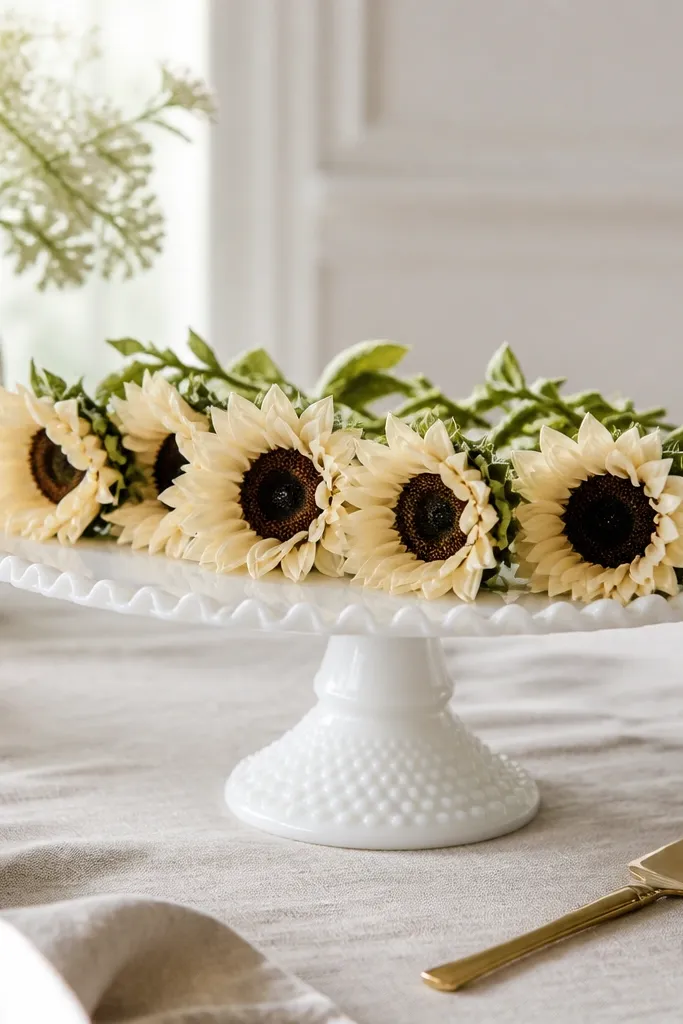 A white milk glass cake stand filled with a row of small cream sunflowers and green stems. The stand sits on a linen-covered dessert table with a gold cake knife nearby.