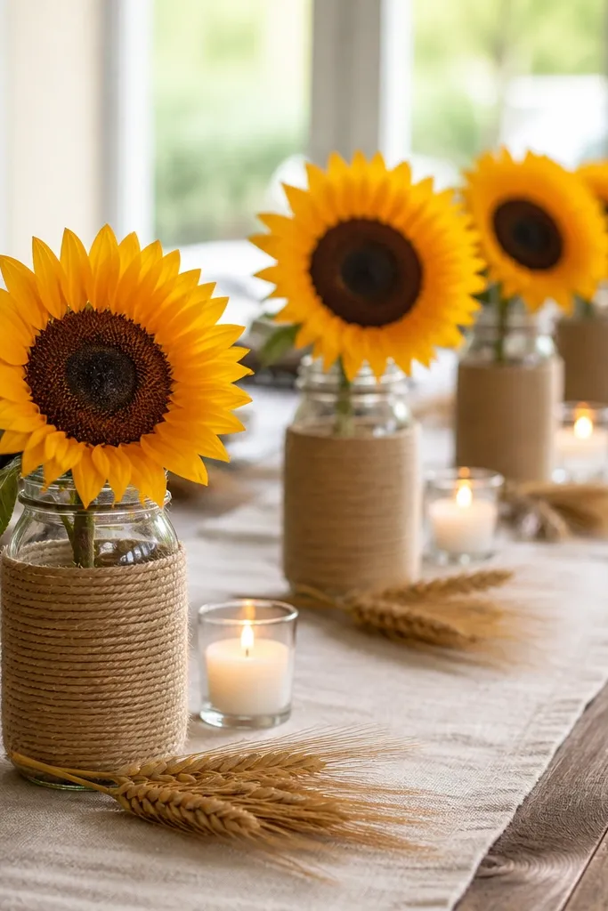 A long linen table runner with a line of mason jars wrapped in tan jute, each jar holding one sunflower head. The jars sit at equal spacing, with small sprigs of wheat and warm white votives between.