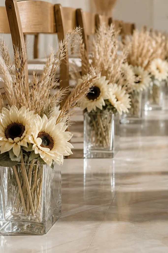 A row of clear glass blocks lined along the aisle, each holding a small cluster of cream sunflowers and dried wheat. The glass shows reflections, while the flowers stay matte and warm.