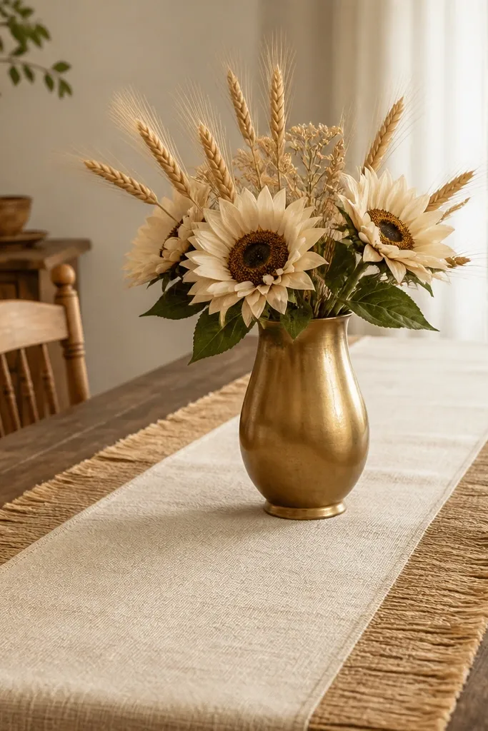 A wide table runner with jute fringe along the edges, a cream linen center strip, and a single brushed brass vase in the middle. The vase holds cream sunflowers and wheat stems.