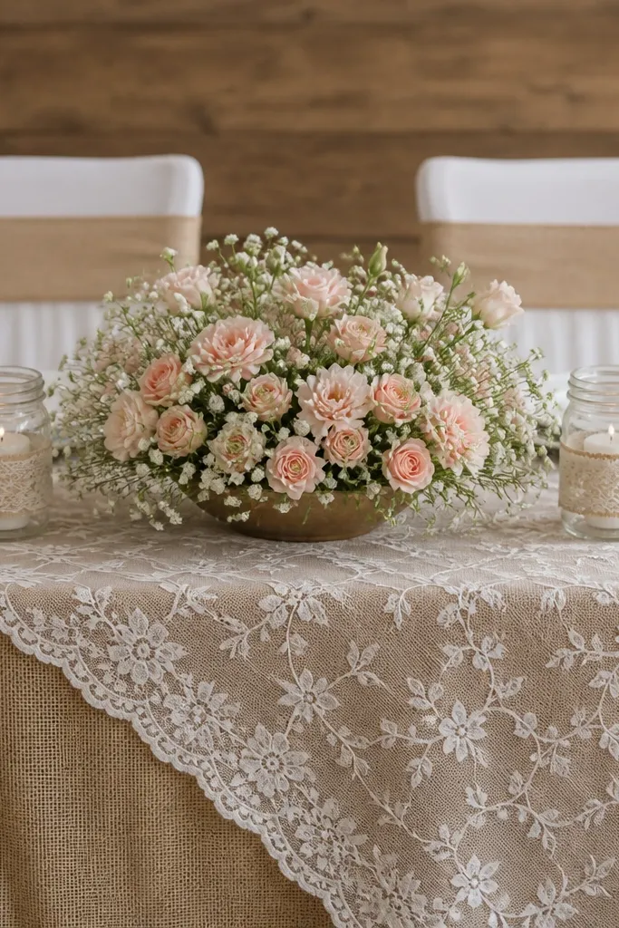 A burlap tablecloth with a sheer lace overlay draped diagonally across the front. Small blush spray roses and baby's breath sit in a low arrangement at the center. Two lace-wrapped candle jars flank the arrangement, and chair backs have thin burlap sashes.