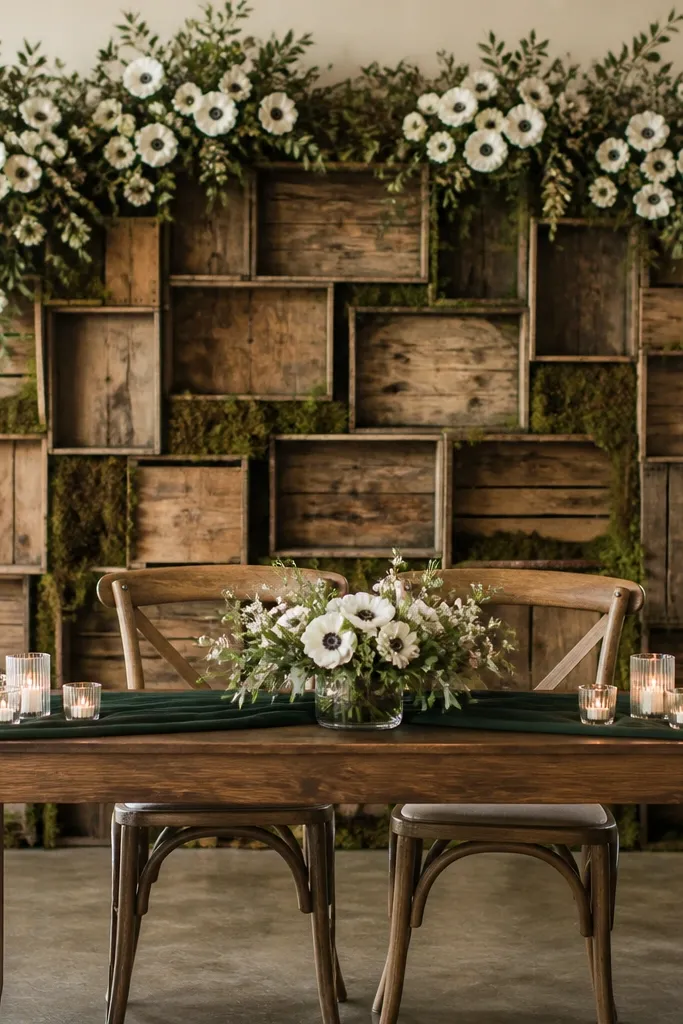 Behind the sweetheart table is a backdrop made from stacked aged wood crates. Moss fills the gaps, and white anemone-like flowers are placed in clusters along the top edge. The table has a dark green runner and small glass votives on either side.