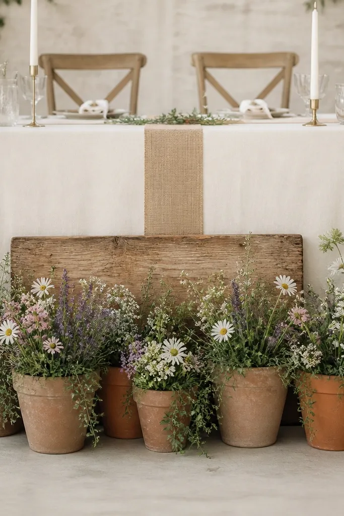 A cluster of terracotta clay pots sits along the sweetheart table front, each filled with small mixed wildflowers. Micro greenery spills slightly over the pot rims. The tablecloth is cream with a thin burlap strip down the center. A small handwritten-style sign on a wood plank leans behind the pots.