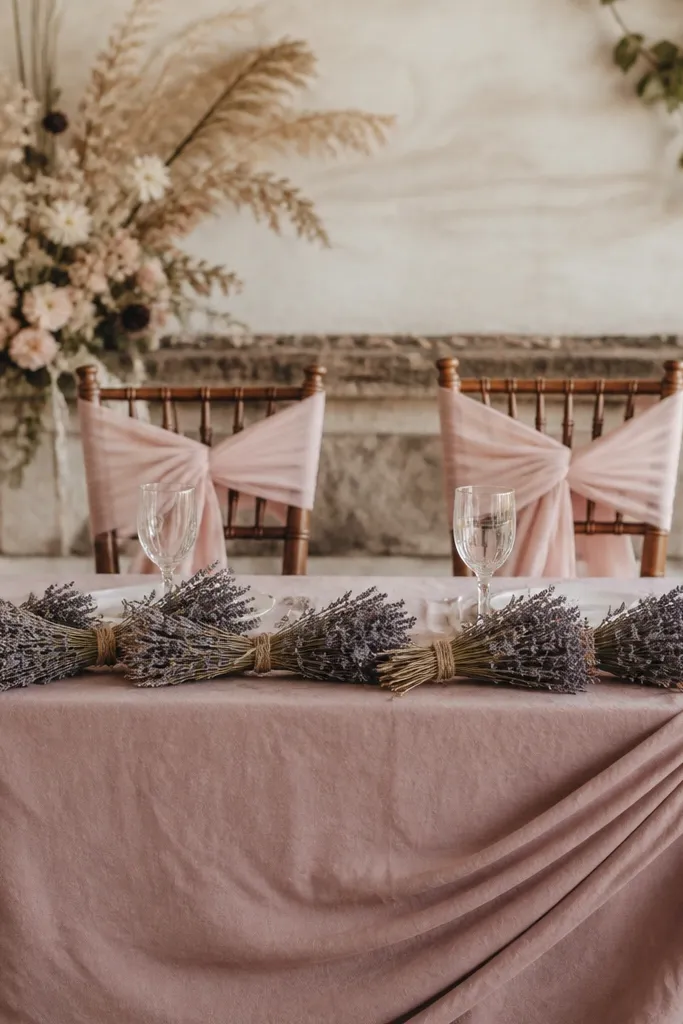 Dusty rose linen drapes the sweetheart table. Dried lavender bundles are tied with twine and placed in a row along the runner. Two small metal lanterns sit at either end, each with a warm candle inside. The chair backs have soft blush ribbons.
