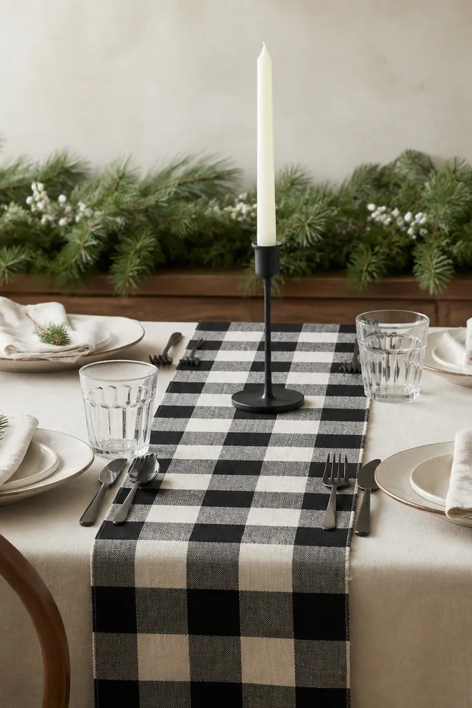 A cream tablecloth with a black buffalo check runner down the center. A thick greenery garland with pine-like leaves runs behind the table, and small white berries are tucked along it. The centerpiece is a simple black candle stand with a cream taper.
