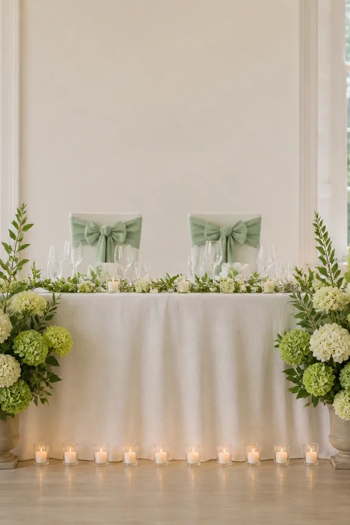 Hydrangea-like clusters in green and cream are placed in two tall low arrangements at the ends of the sweetheart table. The tablecloth is ivory linen, and chair backs have large linen bow ties in matching green. Small tea lights sit in a line along the front edge.