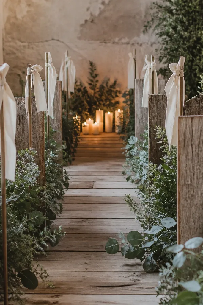 A narrow aisle lined with uneven reclaimed wood planks, each plank topped with a small bundle of cream linen ribbon tied around a thin stake; muted greenery sits between planks and small pillar candles glow at the end.