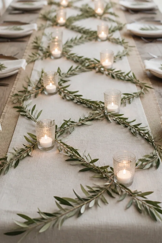 A long table runner layered with burlap on the bottom and linen on top, with an olive garland arranged in a gentle grid pattern across the table length; small votives line the garland intersections.