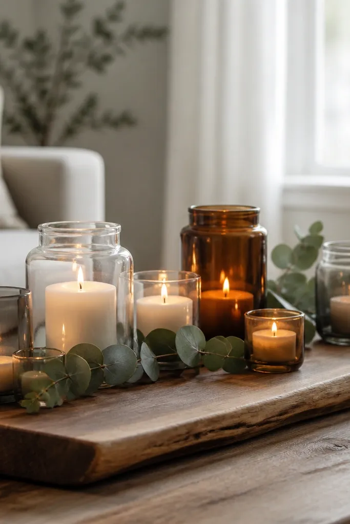 A wide wood plank holds clusters of candles in different glass jars - clear, amber, and smoky - with a few sprigs of eucalyptus tucked around the jars.