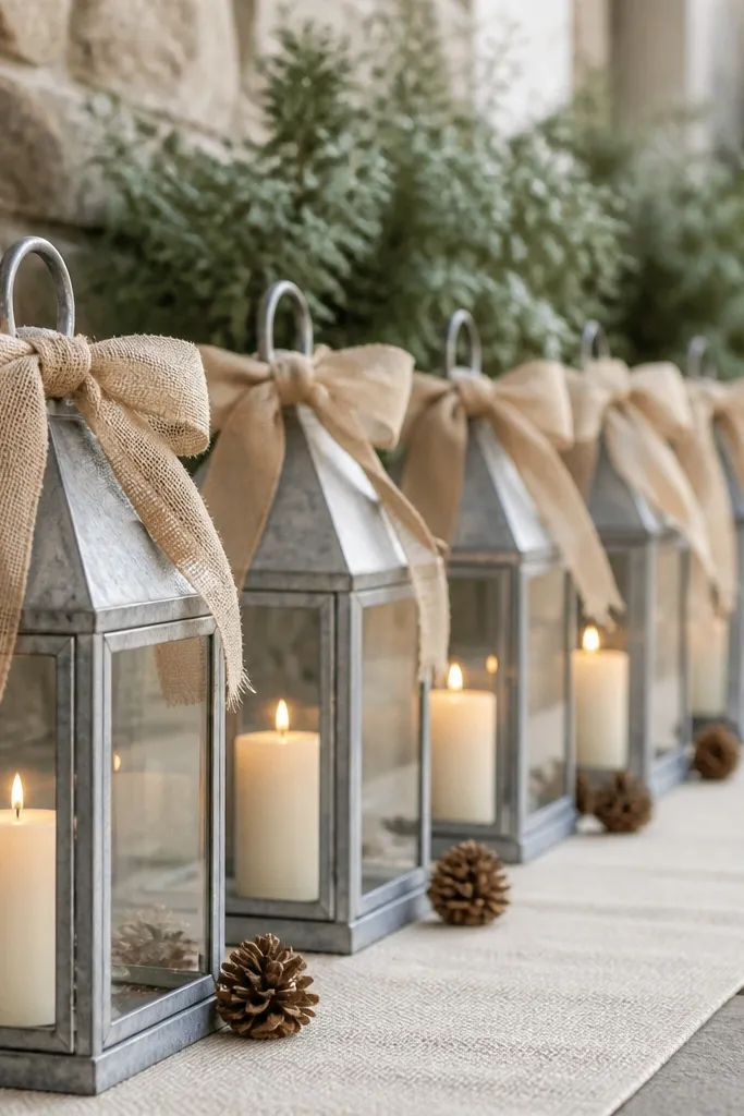 A straight line of waist-high galvanized metal lanterns with clear glass panels, each holding a cream pillar candle. Burlap ribbon is tied in bows around the handles; the ground is covered with a neutral runner and a few scattered pine cones.