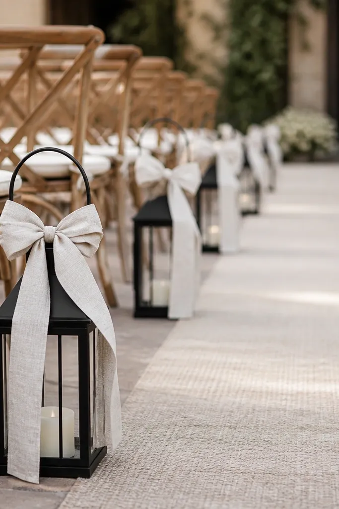 Black metal lanterns lined along the aisle, each tied with a cream linen bow around the handle. The lantern glass is clear and empty or holds a small LED candle; the aisle has a muted neutral runner.