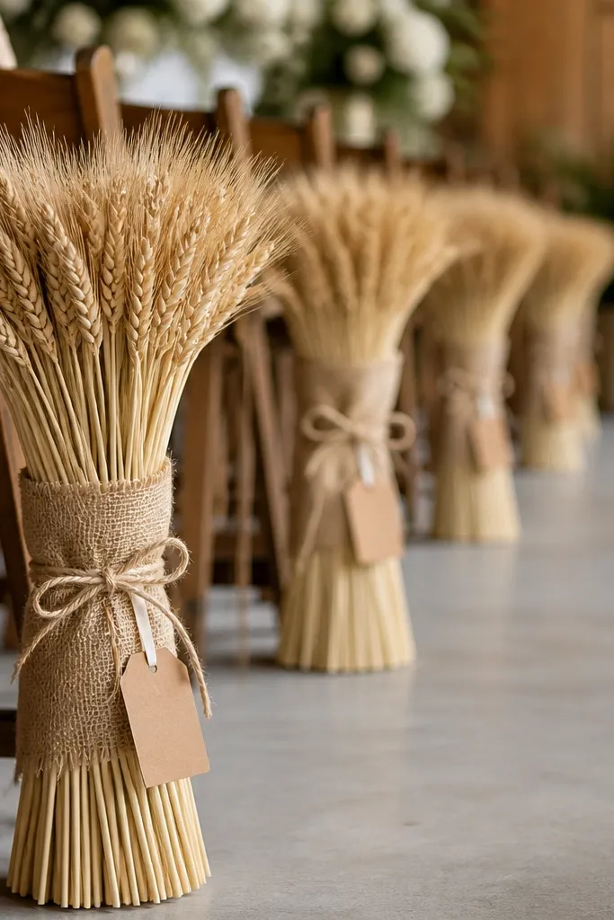 A series of wheat sheaves standing upright at regular intervals along the aisle. Each sheaf is wrapped with burlap and tied with twine, and a small kraft tag card hangs from a ribbon.