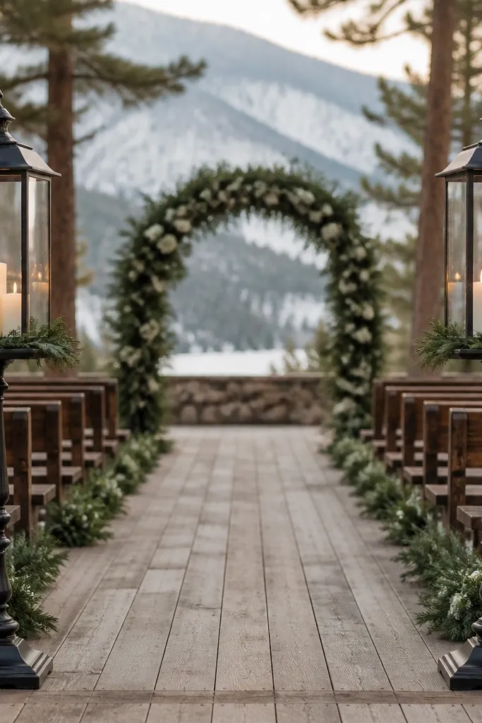 Tall black iron candelabras with hurricane glass panels placed on either side of a rustic aisle. Each candelabra has multiple LED candles and a few sprigs of evergreen at the base.