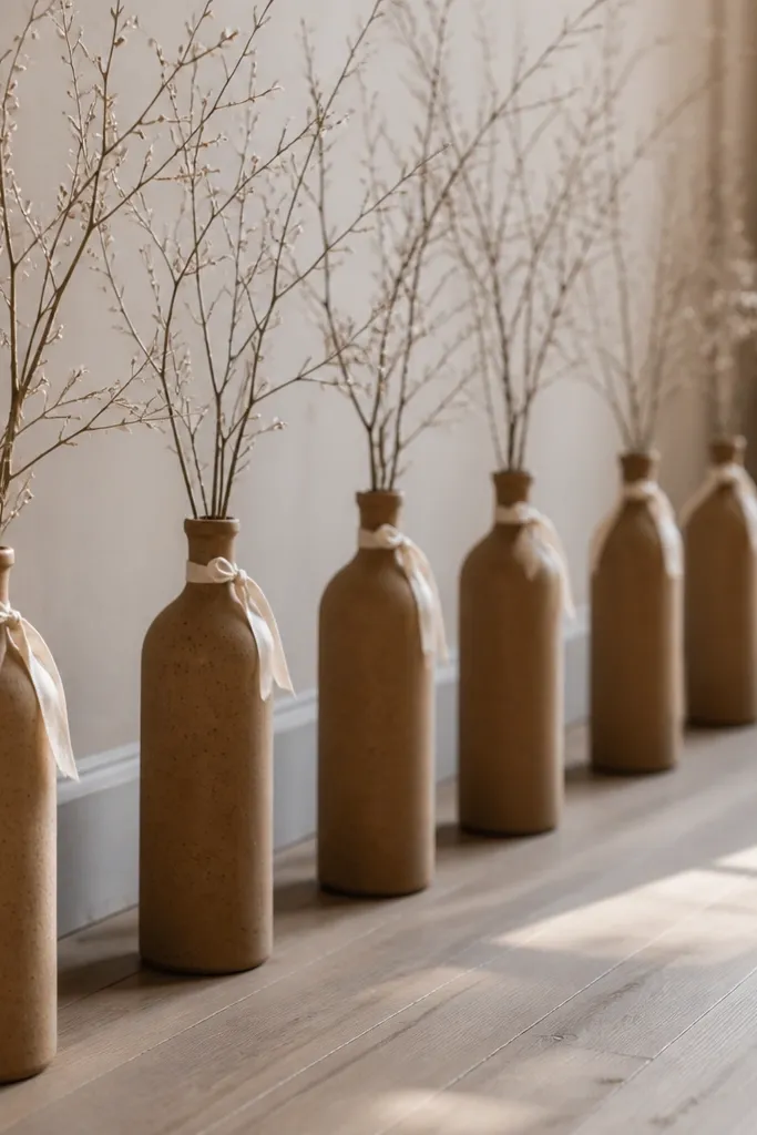 A row of stoneware bottles along the aisle, each bottle holding a single branch and a small ribbon tied at the neck. The branches are pale and twiggy; the bottles are tan and speckled.