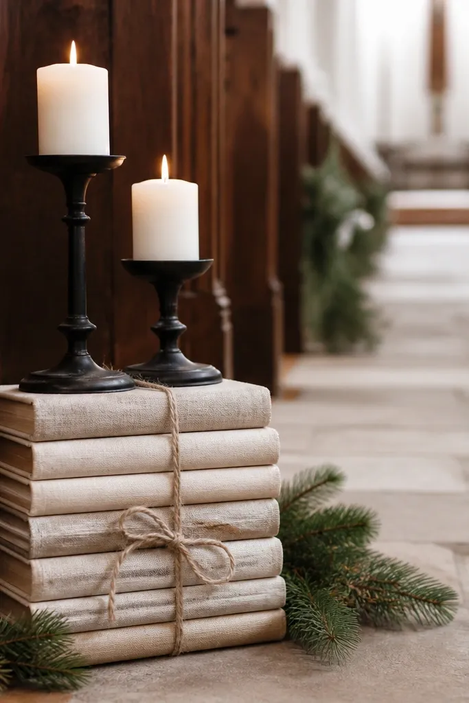 Stacked vintage books at the aisle entrance with black candle holders on top. The books are covered with neutral cloth and tied with twine; there are small evergreen sprigs around the base.