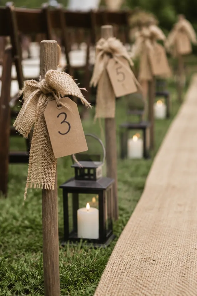 Short hessian ribbon bundles tied to stakes along the aisle, each with a small kraft tag showing a number. The tags are handwritten in dark ink; the aisle has a rustic runner and low lanterns nearby.